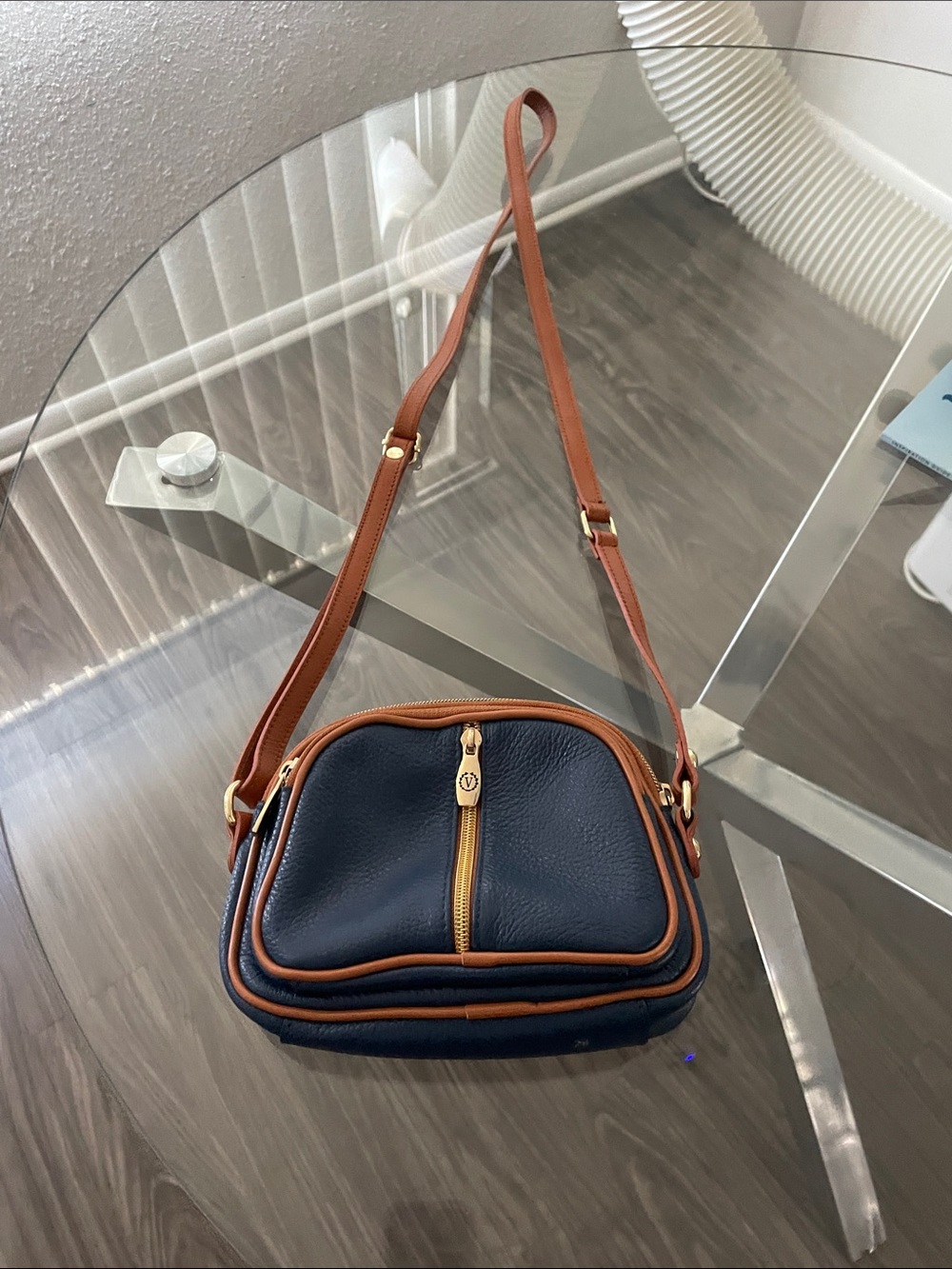 Valentina Navy and Brown Pebbled Leather Crossbody with Gold Accents